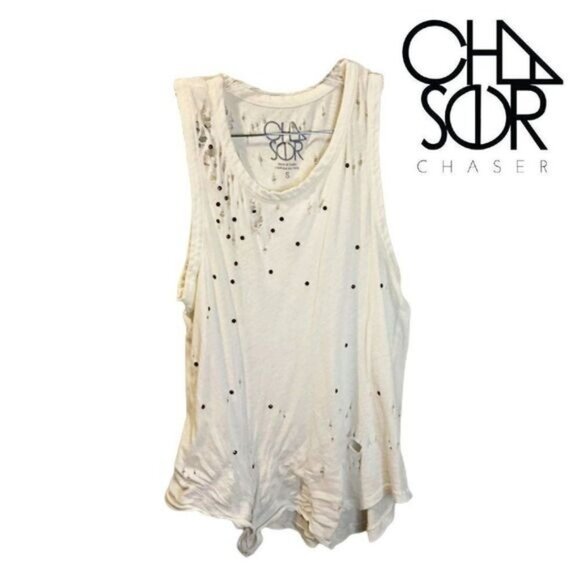 Chaser White Studded‎ Distressed Cotton Tank Top - Picture 2 of 7